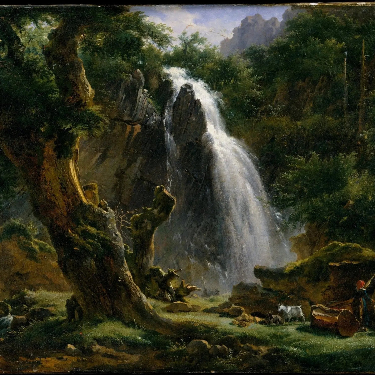 Landscape Oil Painting - Waterfall Scene with Figure and Animals - Oil Painting Haven