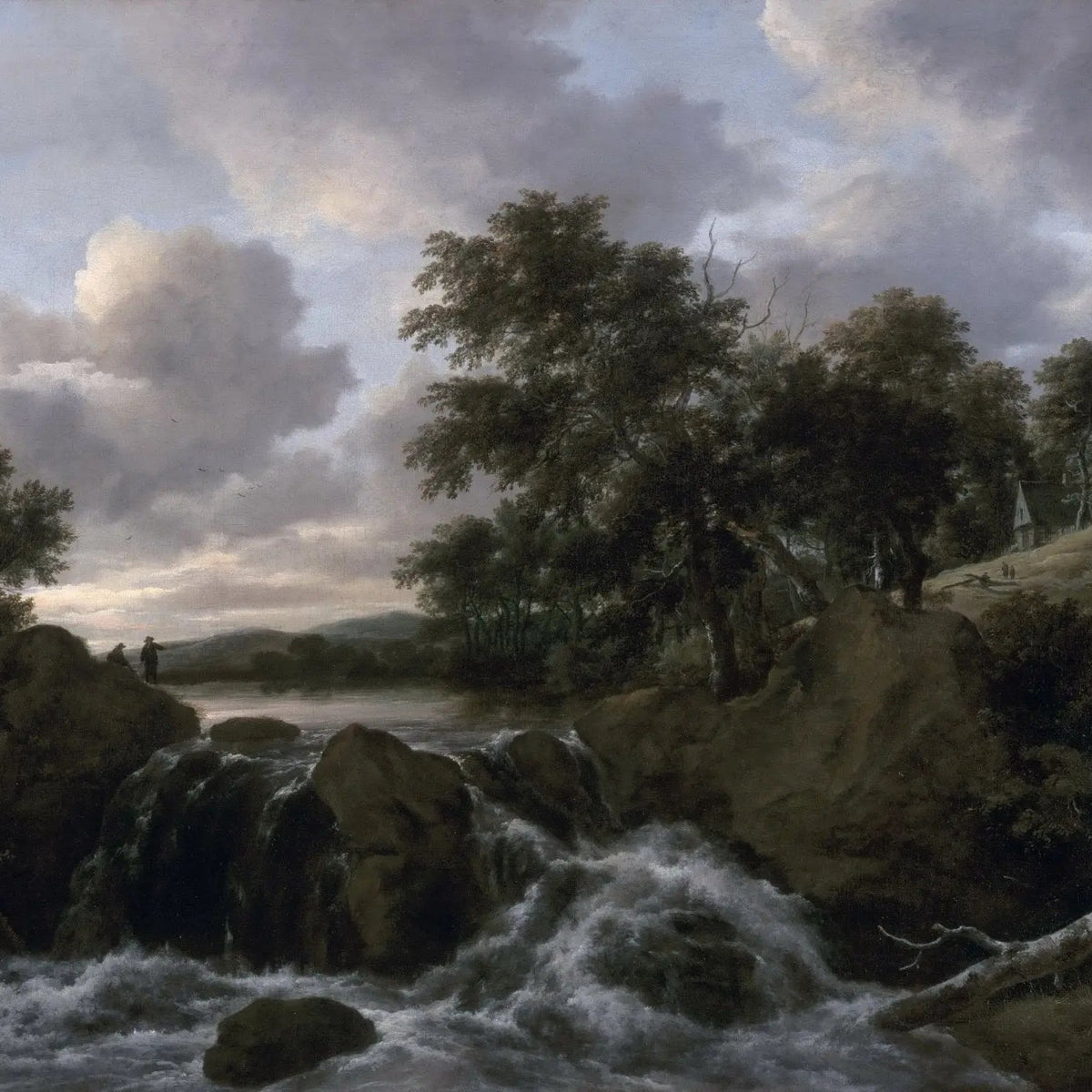 Landscape Oil Painting - Waterfall Scene with Figures and Trees - Oil Painting Haven