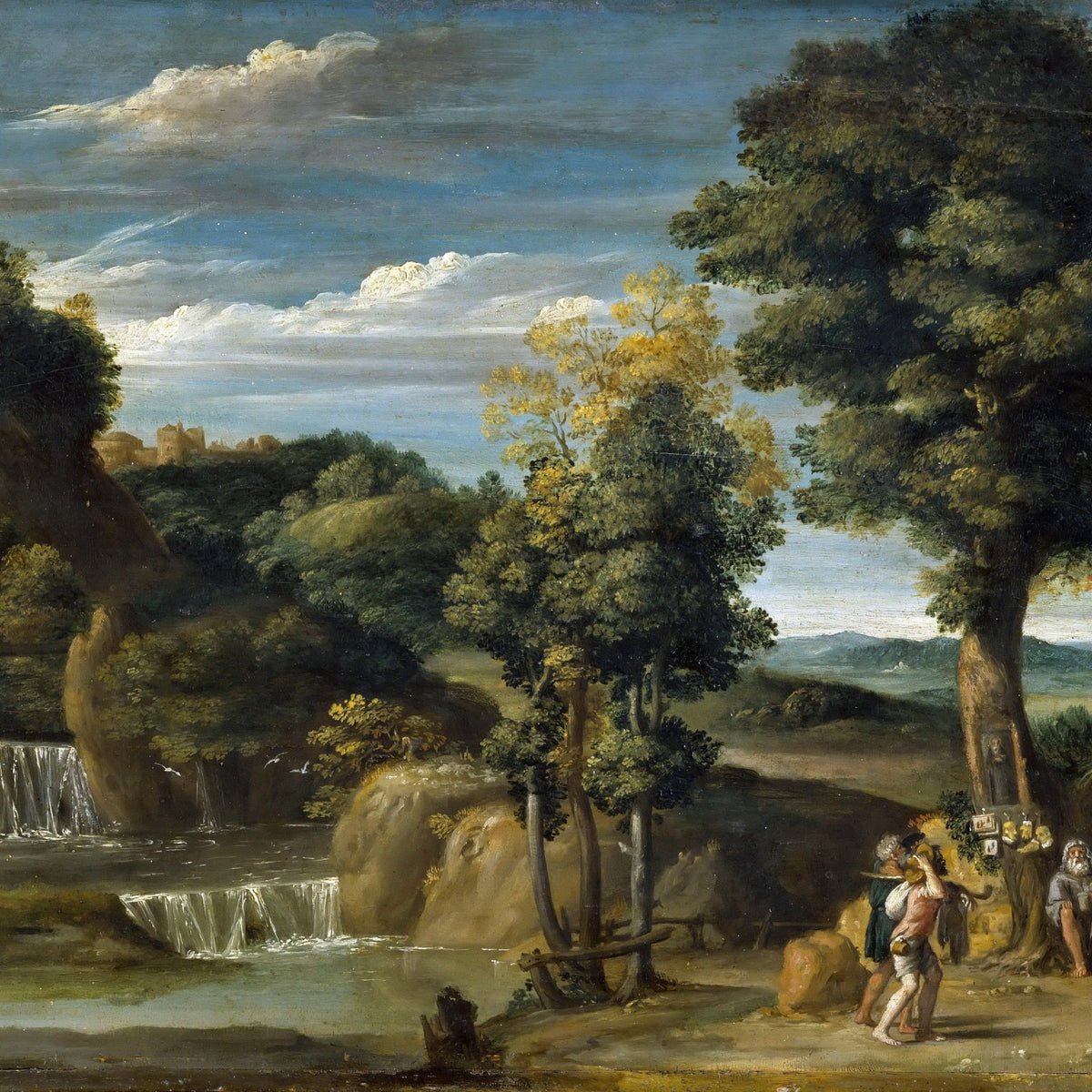 Landscape Oil Painting - Waterfall Scene with Hermit and Figures - Oil Painting Haven