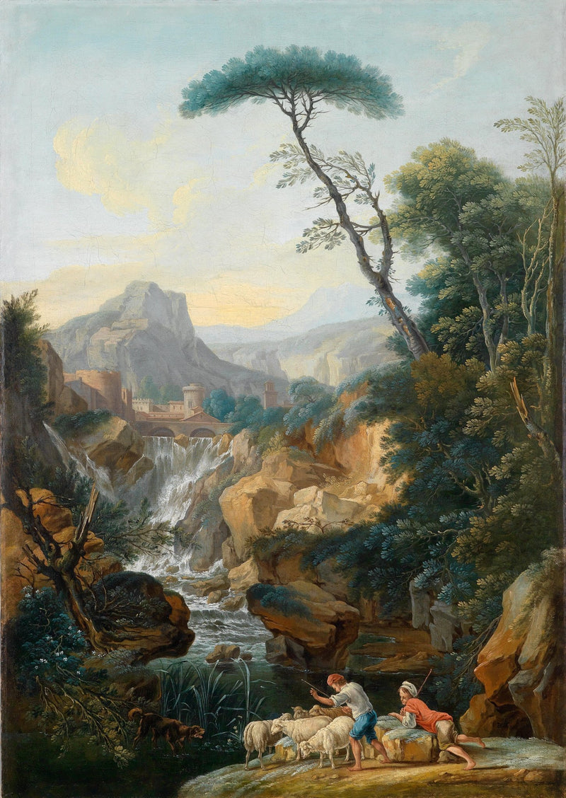 Landscape Oil Painting - Waterfall, Shepherds & Distant Mountain Villa - Oil Painting Haven