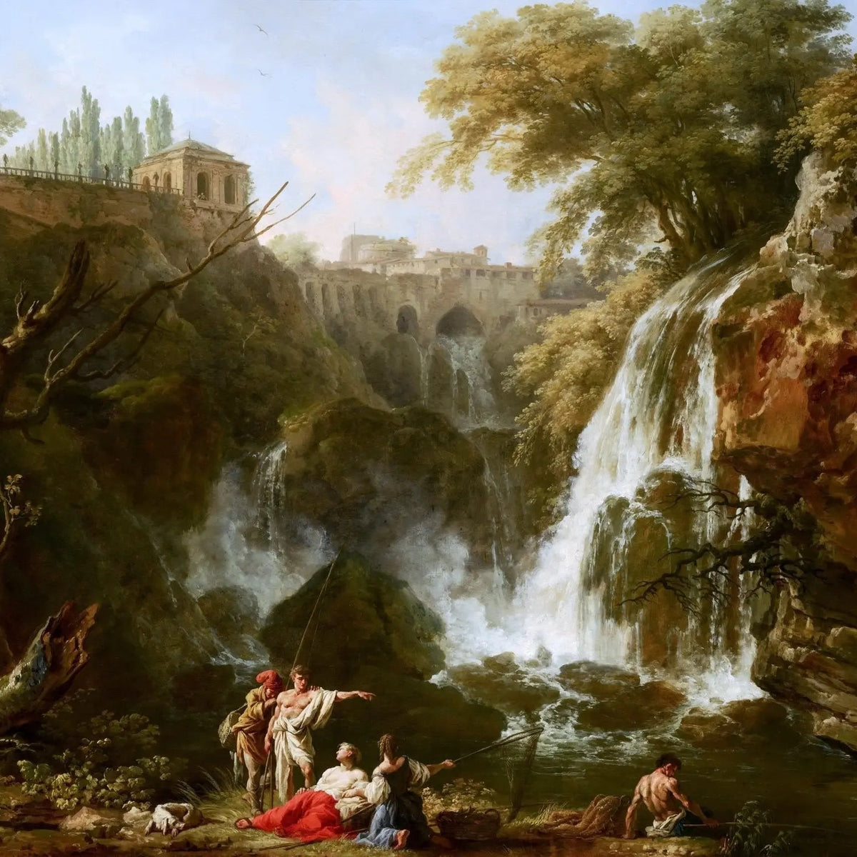 Landscape Oil Painting - Waterfall with Figures & Classical Architecture - Oil Painting Haven