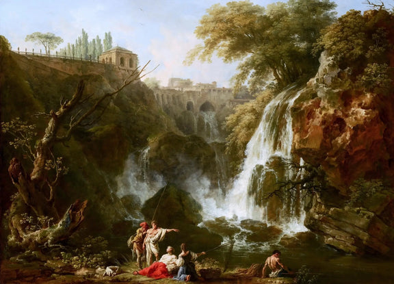 Landscape Oil Painting - Waterfall with Figures & Classical Architecture - Oil Painting Haven