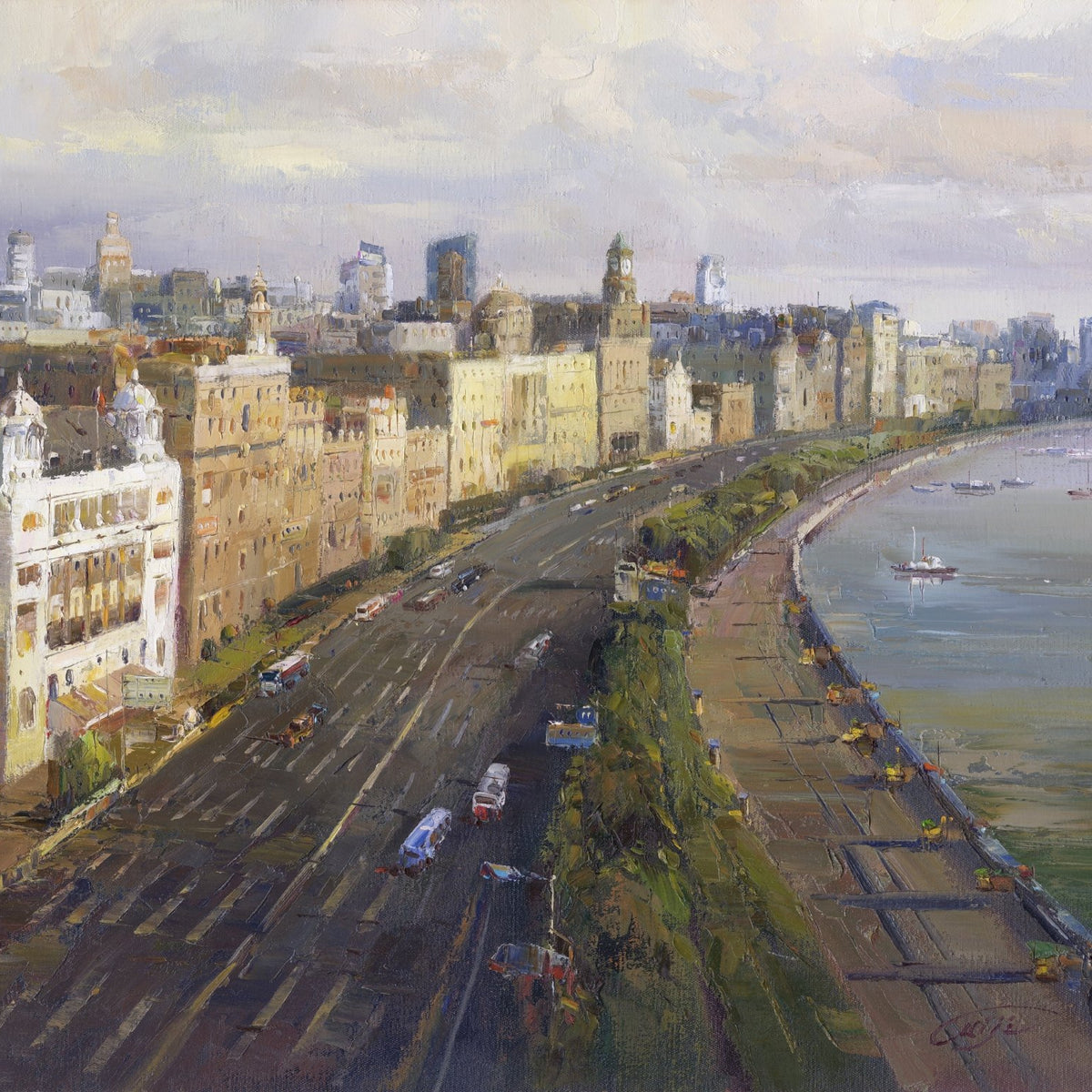 Landscape Oil Painting - Waterfront Cityscape: Historic Buildings, Road - Oil Painting Haven