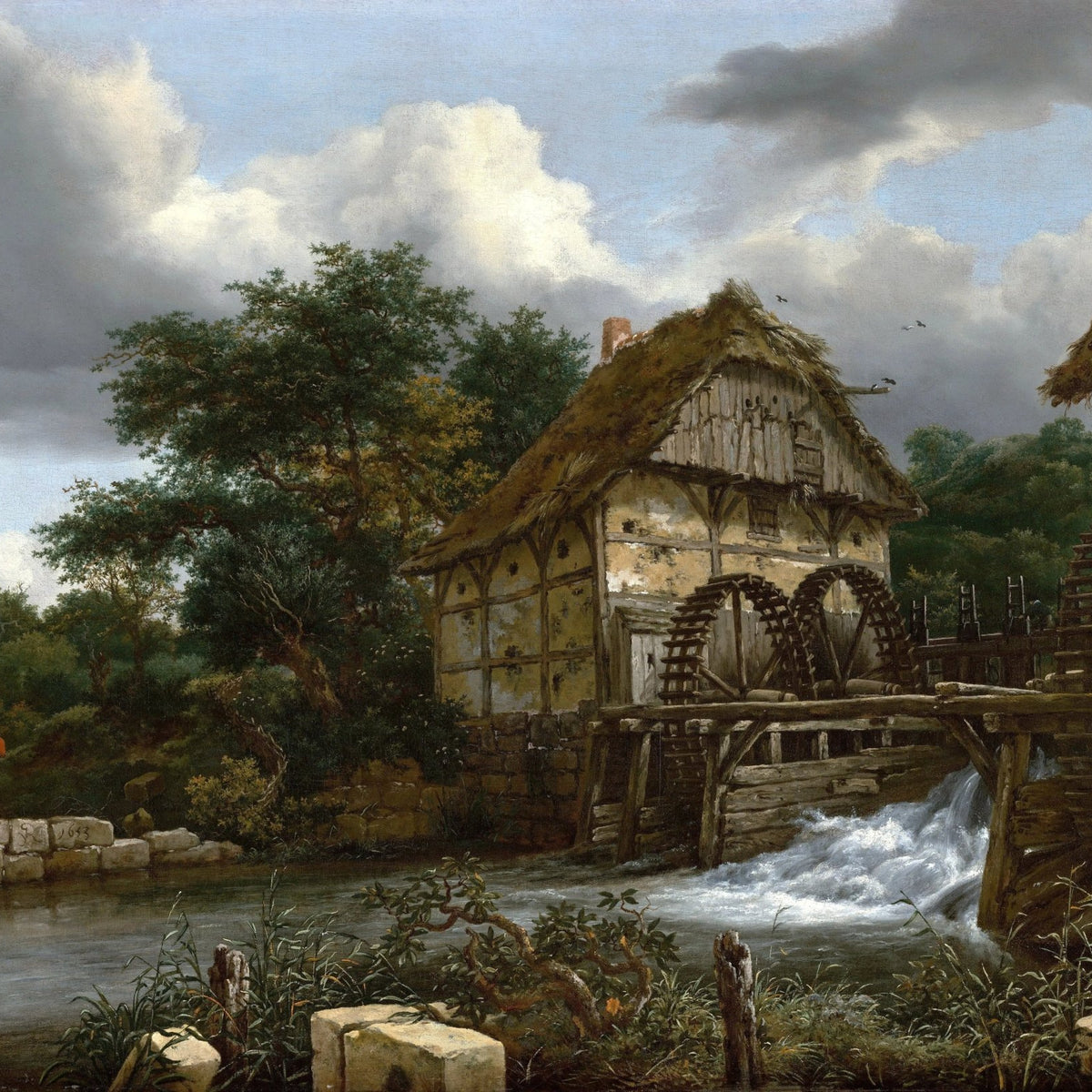 Landscape Oil Painting - Watermill by Stream with Trees - Oil Painting Haven