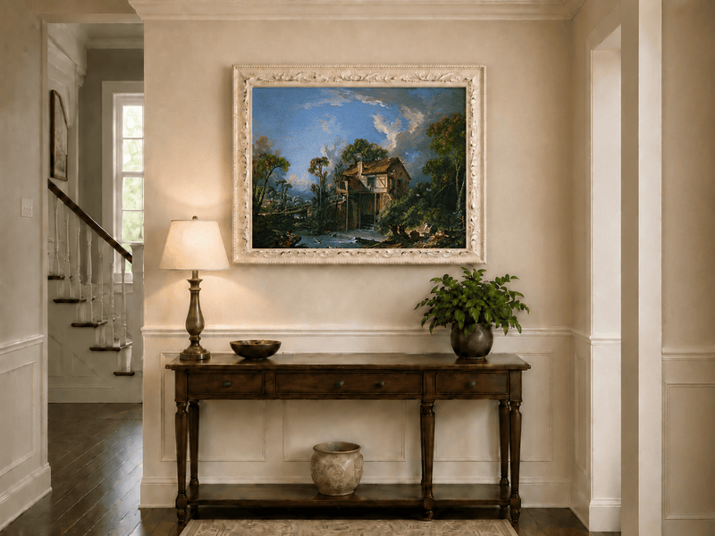 Landscape Oil Painting - Watermill Cottage by River Scene