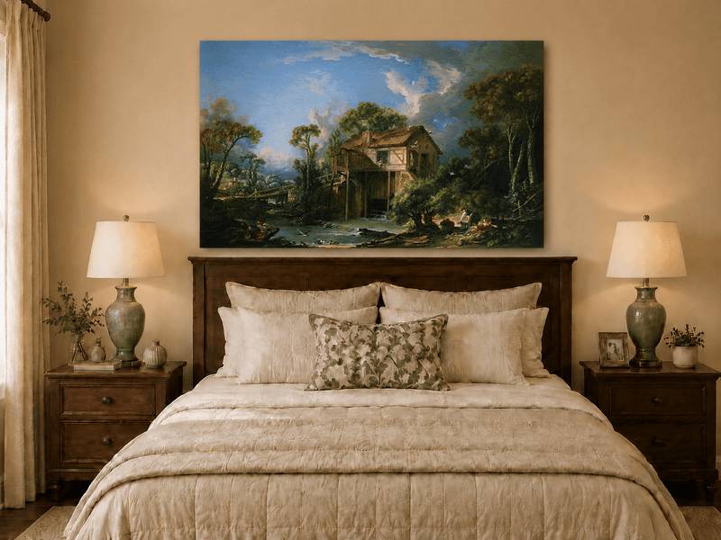 Landscape Oil Painting - Watermill Cottage by River Scene
