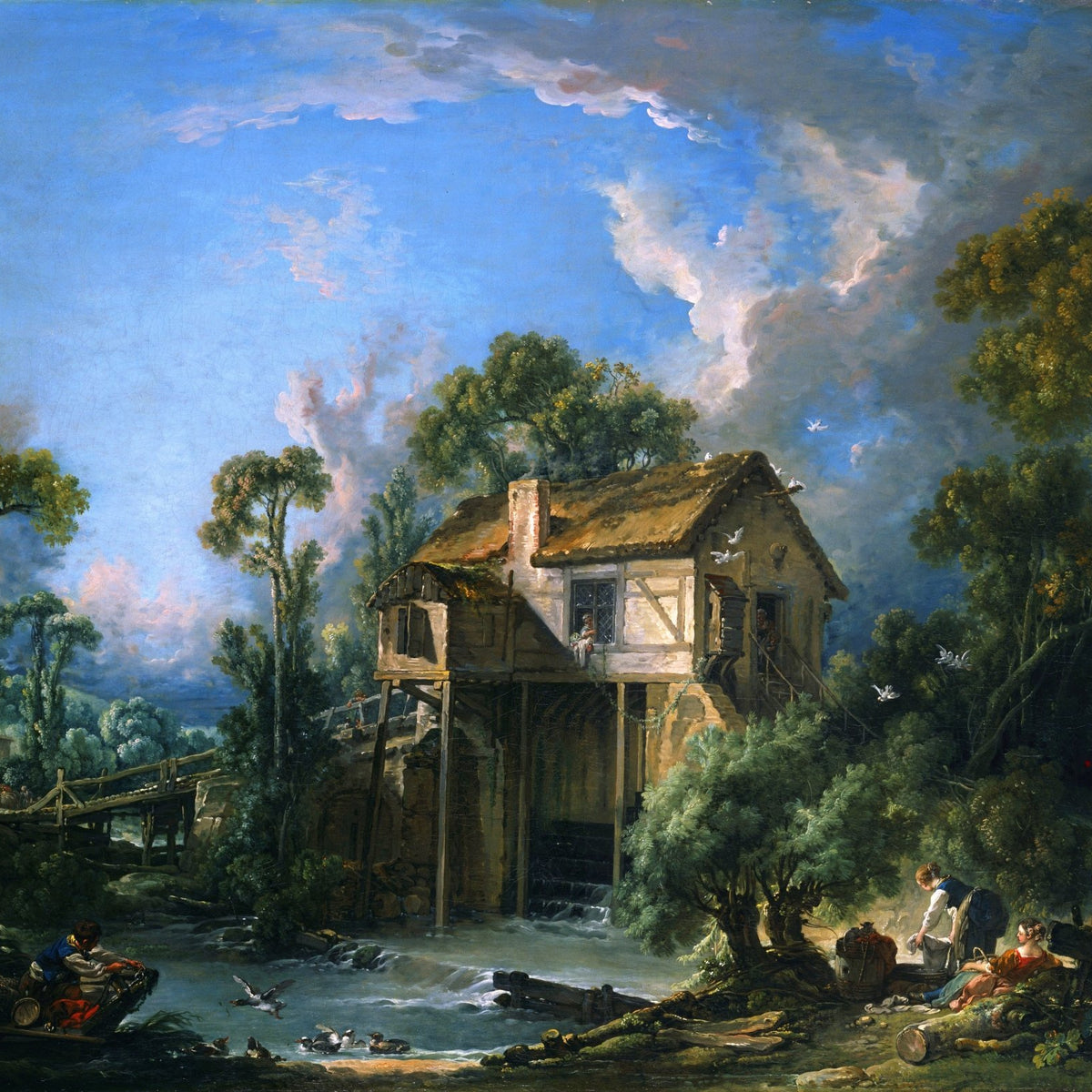 Hand-painted watermill cottage by river scene landscape oil painting on canvas