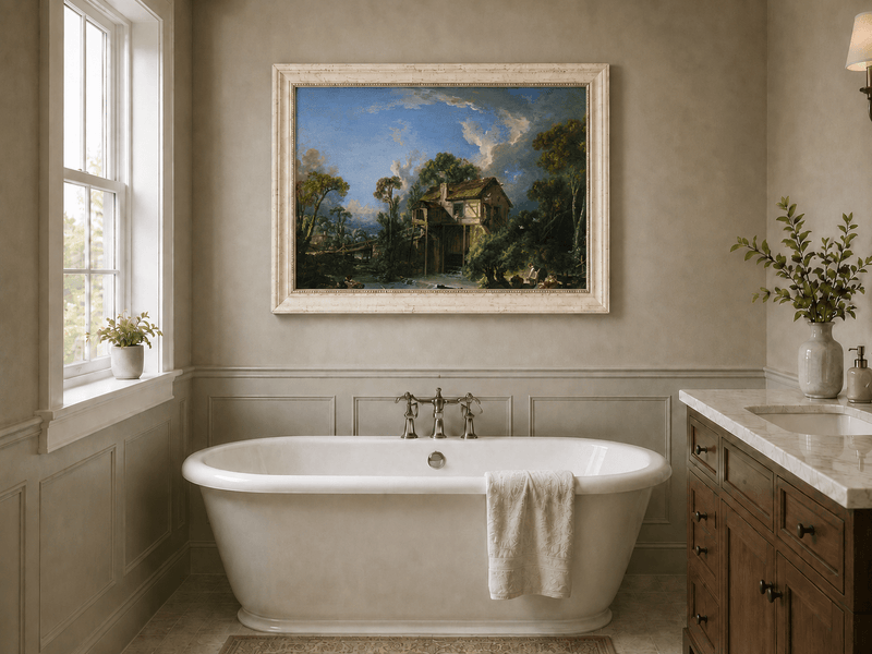Landscape Oil Painting - Watermill Cottage by River Scene