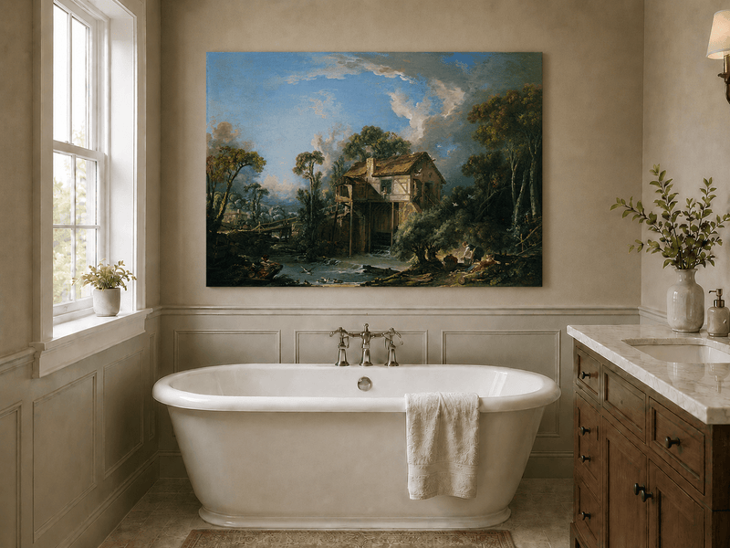 Landscape Oil Painting - Watermill Cottage by River Scene