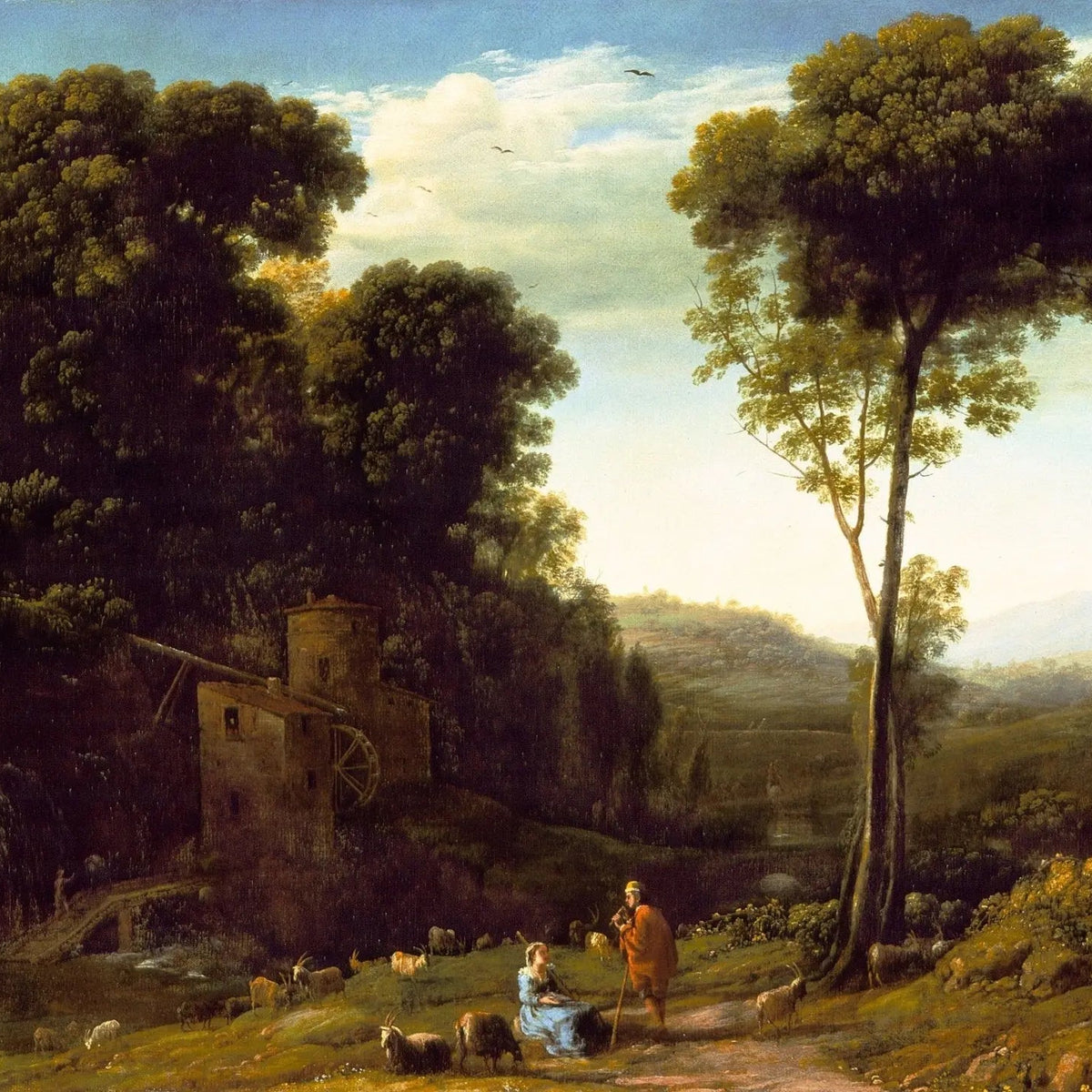 Landscape Oil Painting - Watermill Rural Scene with Figures & Livestock - Oil Painting Haven