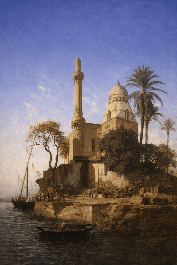 Hand-painted waterside mosque, palms and boats landscape oil painting on canvas