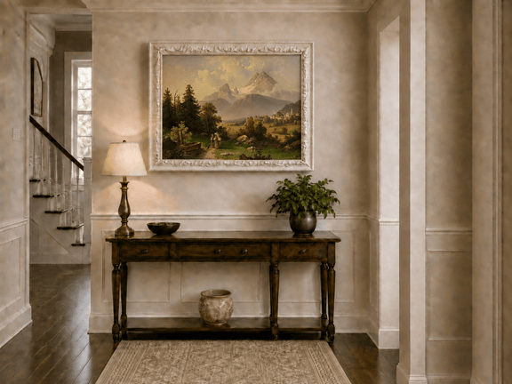 Hand-painted Watzmann Mountain and Bavarian Valley landscape oil painting displayed above a sofa in a living room interior.