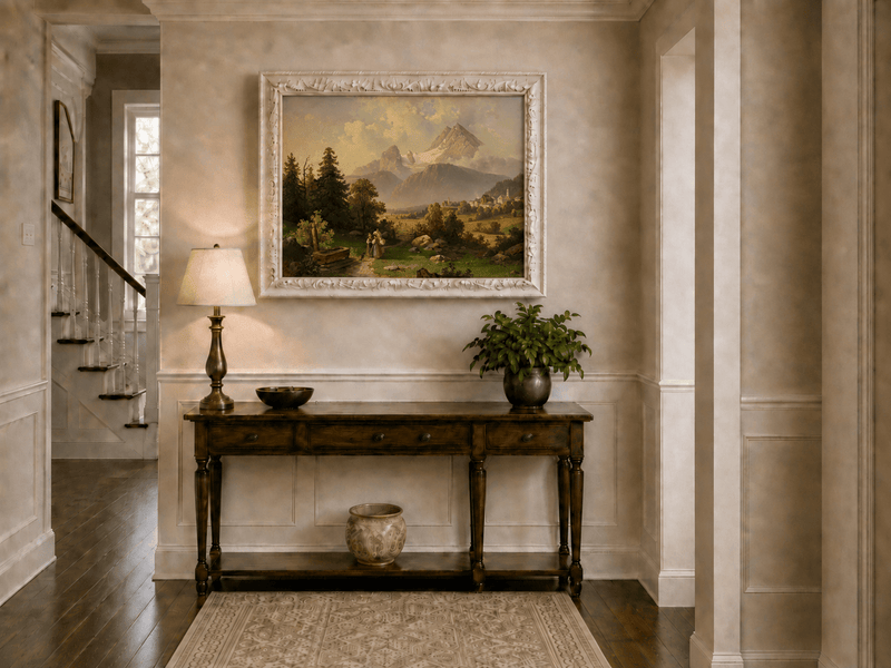 Hand-painted Watzmann Mountain and Bavarian Valley landscape oil painting displayed above a sofa in a living room interior.