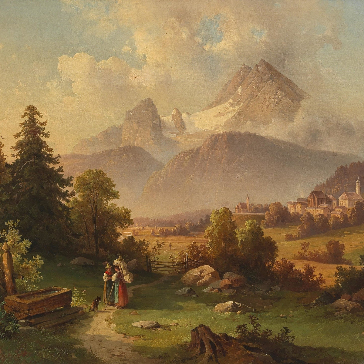 Hand-painted watzmann mountain and bavarian valley landscape oil painting on canvas