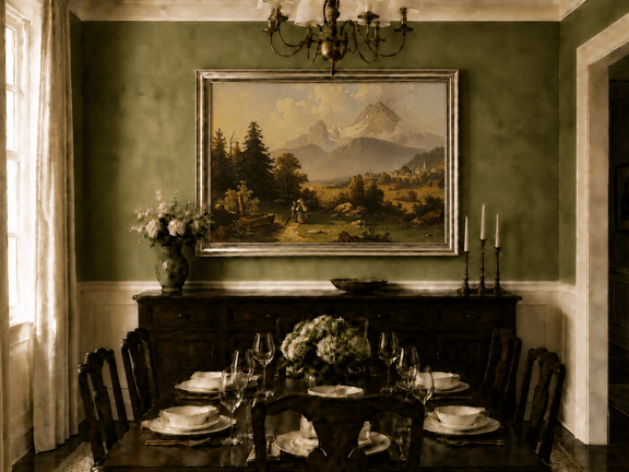 Hand-painted Watzmann Mountain and Bavarian Valley landscape oil painting displayed above a bed in a bedroom interior.