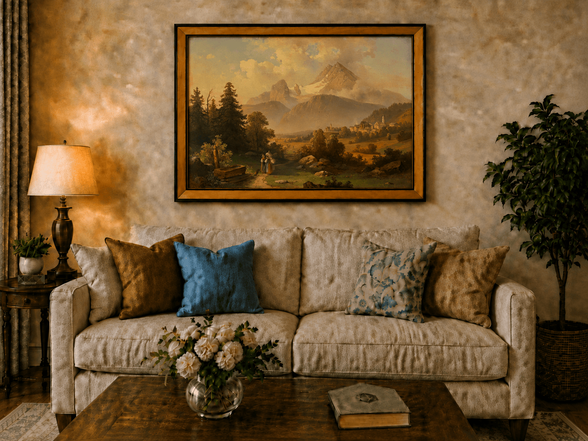 Hand-painted Watzmann Mountain and Bavarian Valley landscape oil painting displayed in a dining room interior.
