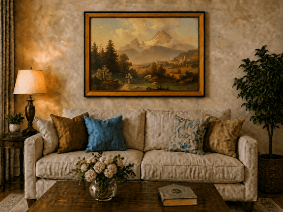 Hand-painted Watzmann Mountain and Bavarian Valley landscape oil painting displayed in a dining room interior.