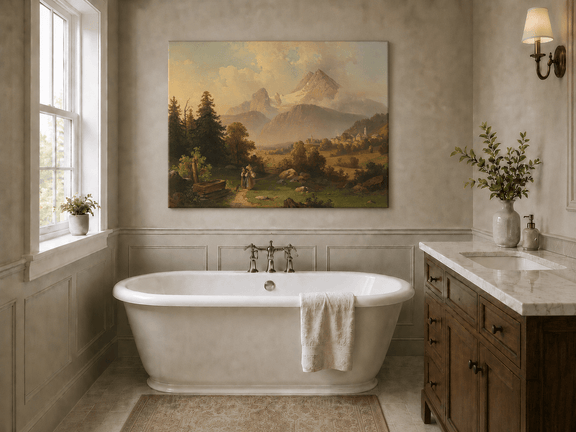 Hand-painted Watzmann Mountain and Bavarian Valley landscape oil painting displayed above a bed in a bedroom interior.