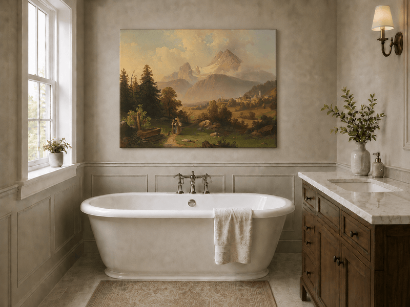 Hand-painted Watzmann Mountain and Bavarian Valley landscape oil painting displayed above a bed in a bedroom interior.
