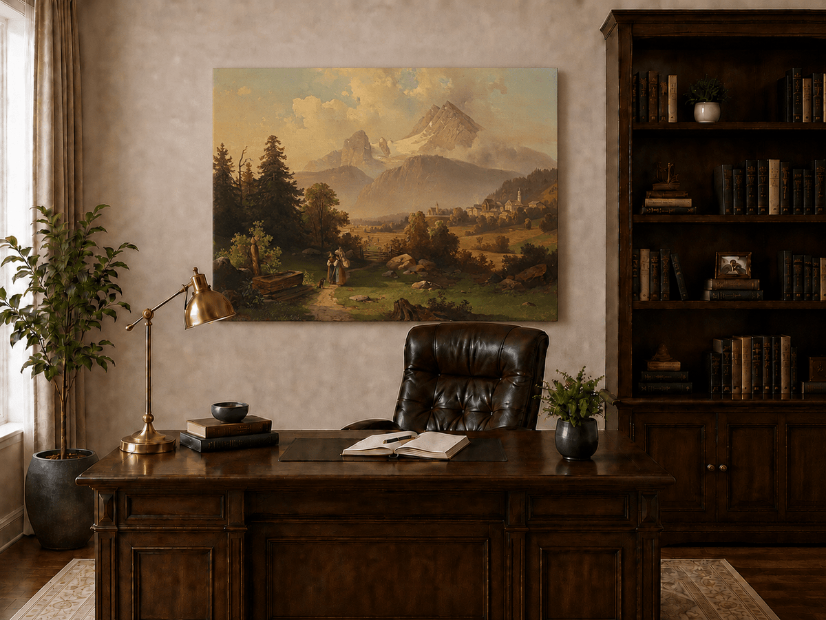 Hand-painted Watzmann Mountain and Bavarian Valley landscape oil painting displayed above a console table in a hallway interior.