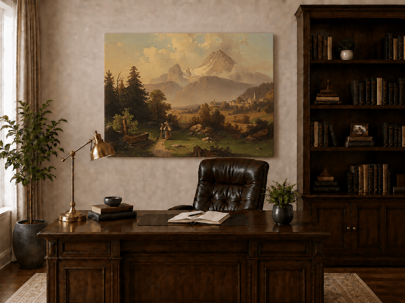 Hand-painted Watzmann Mountain and Bavarian Valley landscape oil painting displayed above a console table in a hallway interior.