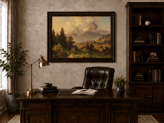 Hand-painted Watzmann Mountain and Bavarian Valley landscape oil painting displayed above a console table in a hallway interior.