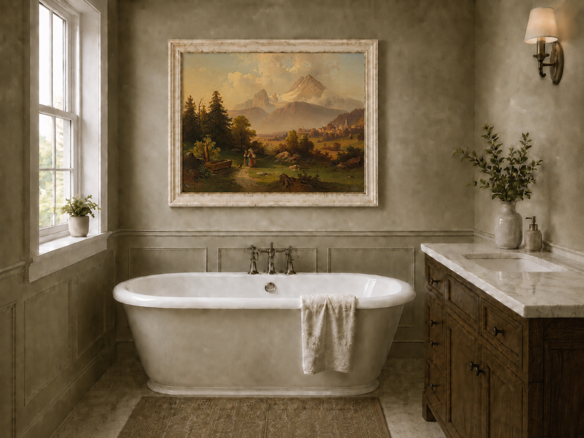 Hand-painted Watzmann Mountain and Bavarian Valley landscape oil painting displayed in a bathroom interior above a bathtub.
