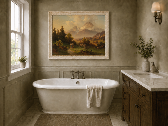 Hand-painted Watzmann Mountain and Bavarian Valley landscape oil painting displayed in a bathroom interior above a bathtub.