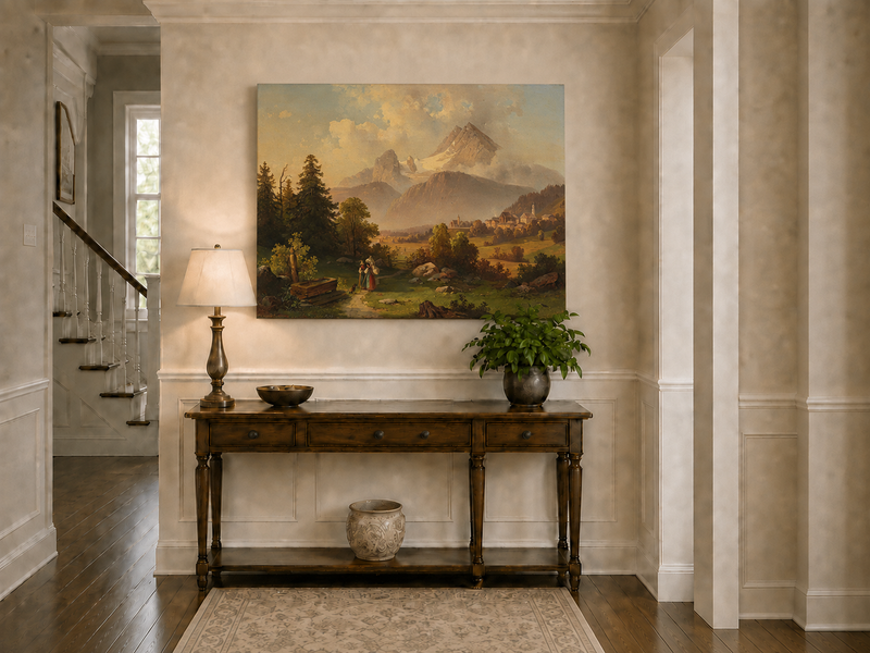 Hand-painted Watzmann Mountain and Bavarian Valley landscape oil painting displayed in a bathroom interior above a bathtub.
