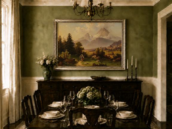 Hand-painted Watzmann Mountain and Bavarian Valley landscape oil painting displayed above a bed in a bedroom interior.