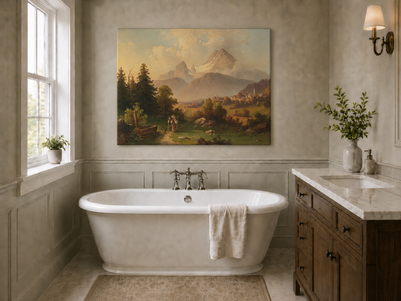 Hand-painted Watzmann Mountain and Bavarian Valley landscape oil painting displayed above a bed in a bedroom interior.