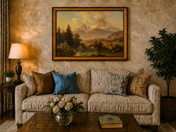 Hand-painted Watzmann Mountain and Bavarian Valley landscape oil painting displayed in a dining room interior.