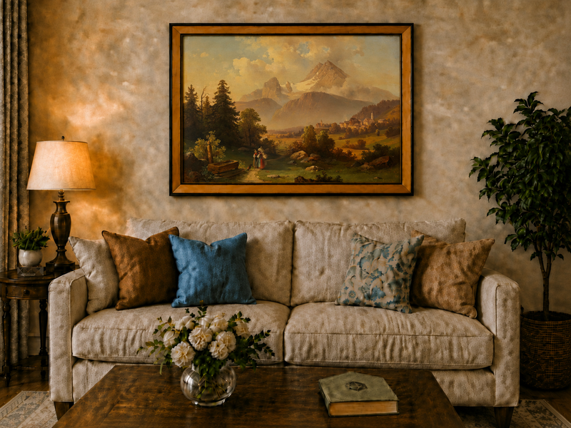 Hand-painted Watzmann Mountain and Bavarian Valley landscape oil painting displayed in a dining room interior.