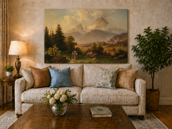 Hand-painted Watzmann Mountain and Bavarian Valley landscape oil painting displayed in a dining room interior.