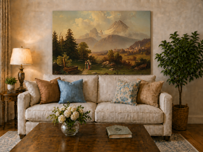 Hand-painted Watzmann Mountain and Bavarian Valley landscape oil painting displayed in a dining room interior.