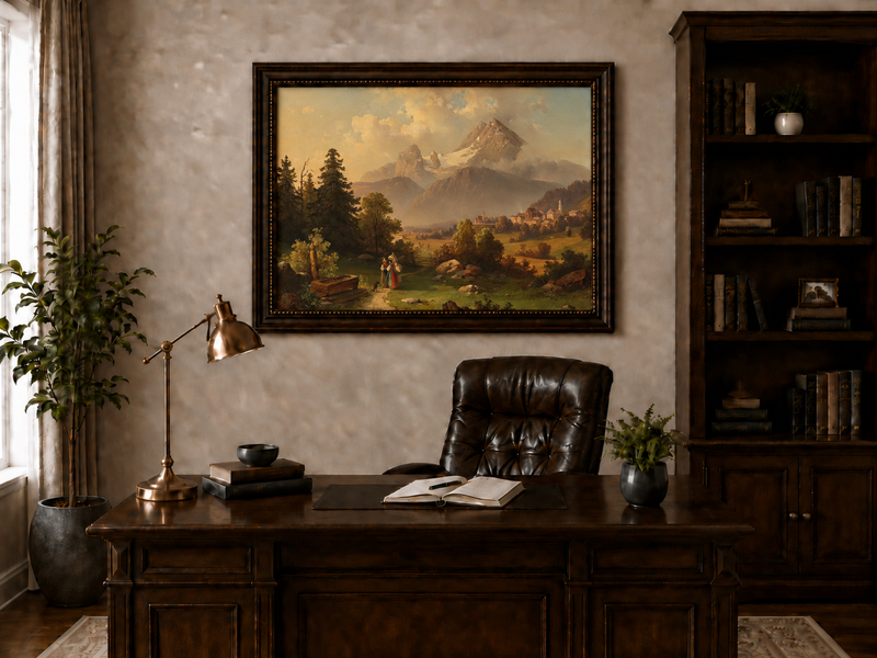 Hand-painted Watzmann Mountain and Bavarian Valley landscape oil painting displayed above a console table in a hallway interior.