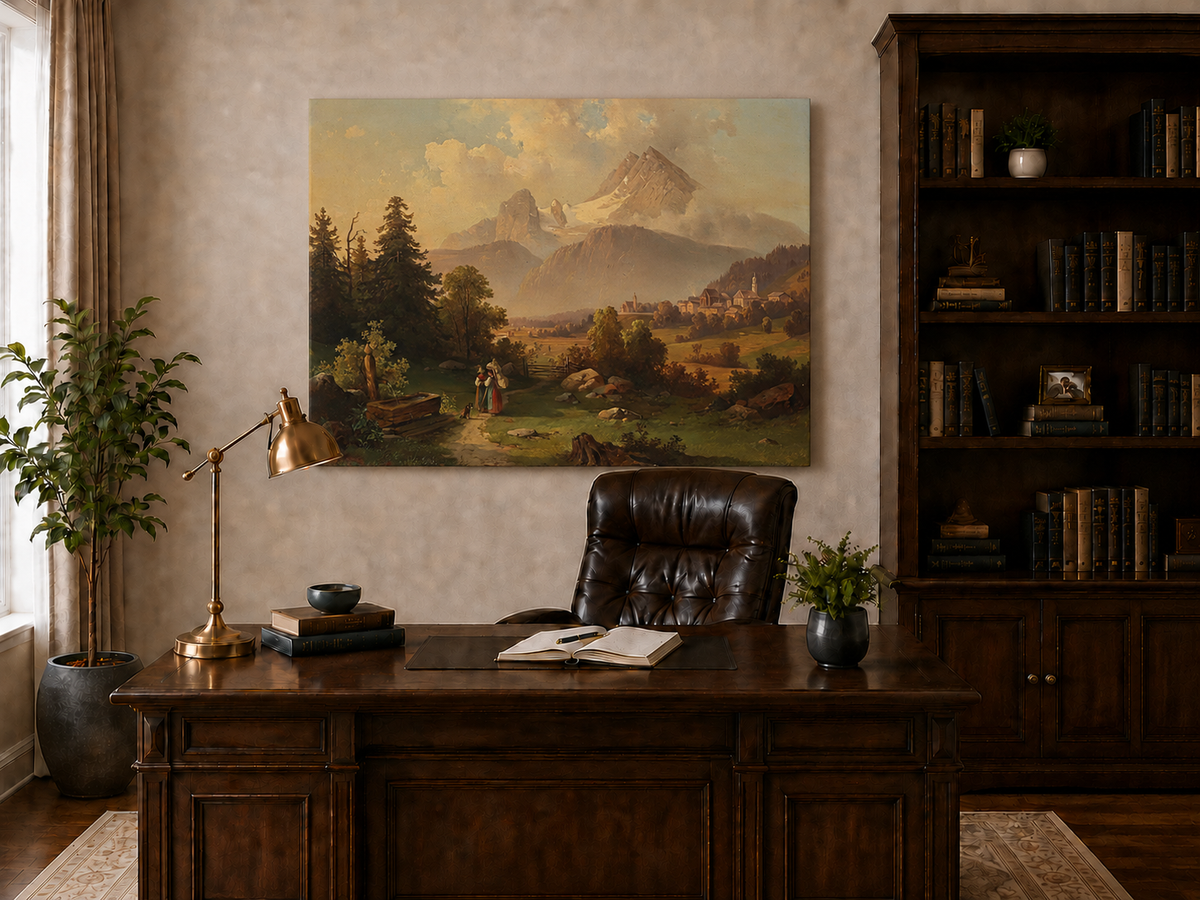 Hand-painted Watzmann Mountain and Bavarian Valley landscape oil painting displayed above a console table in a hallway interior.