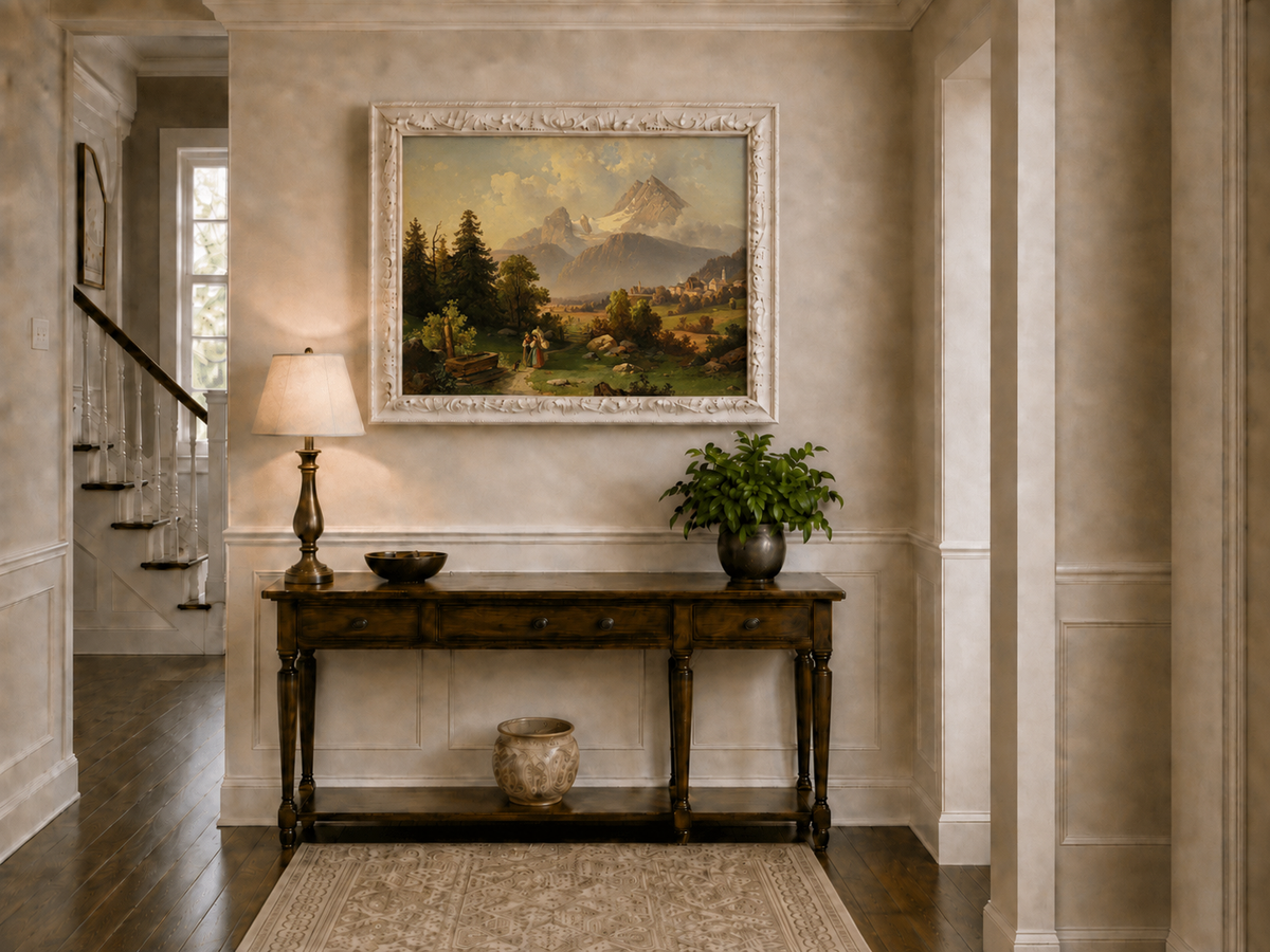 Hand-painted Watzmann Mountain and Bavarian Valley landscape oil painting displayed above a sofa in a living room interior.