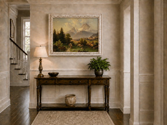 Hand-painted Watzmann Mountain and Bavarian Valley landscape oil painting displayed above a sofa in a living room interior.