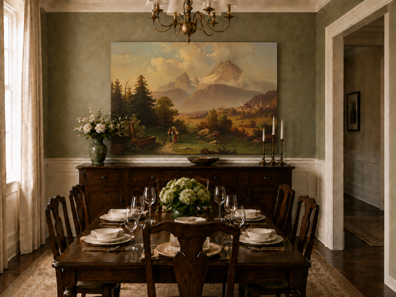 Hand-painted Watzmann Mountain and Bavarian Valley landscape oil painting displayed above a sofa in a living room interior.
