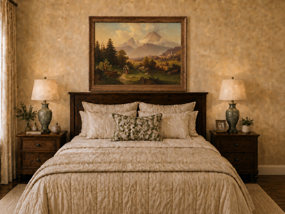 Hand-painted Watzmann Mountain and Bavarian Valley landscape oil painting displayed above a desk in a home office interior.