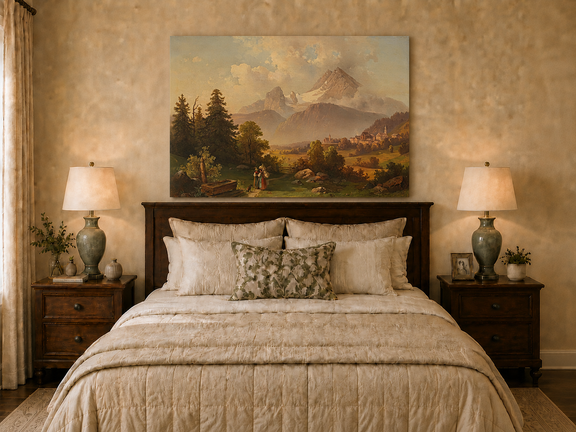 Hand-painted Watzmann Mountain and Bavarian Valley landscape oil painting displayed above a desk in a home office interior.