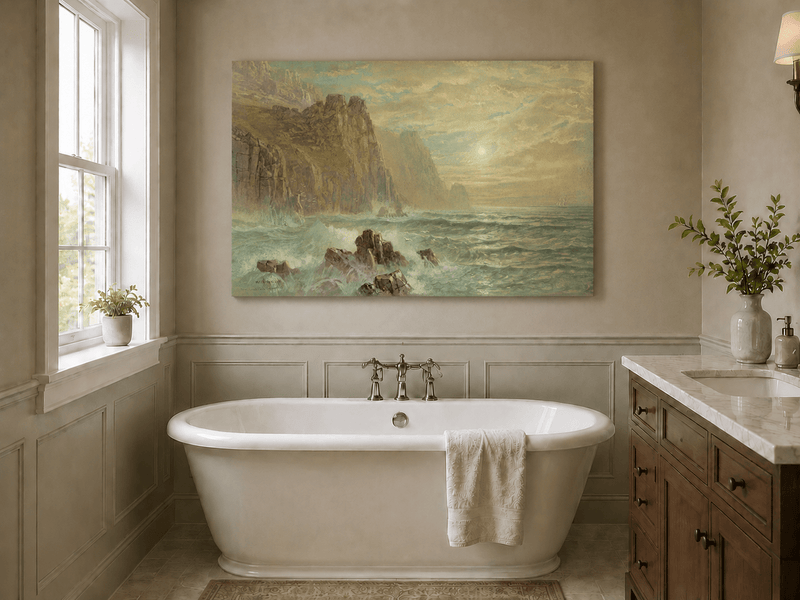 Unframed hand-painted seascape oil painting with wave-washed rocks beneath soft-hued skies displayed above a freestanding bathtub.