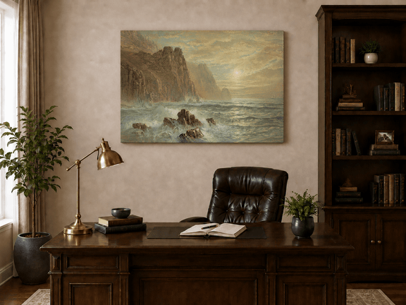 Unframed hand-painted seascape oil painting with wave-washed rocks beneath soft-hued skies displayed above a traditional home office desk.