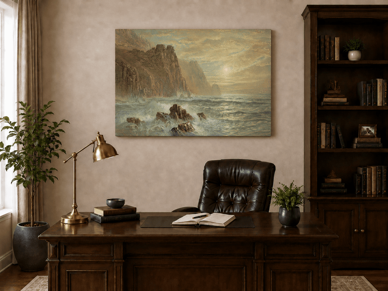 Unframed hand-painted seascape oil painting with wave-washed rocks beneath soft-hued skies displayed above a traditional home office desk.