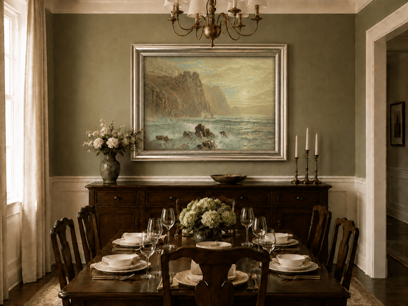 Framed hand-painted seascape oil painting with wave-washed rocks beneath soft-hued skies displayed above a formal dining table.