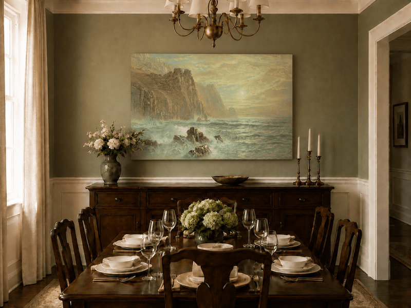 Unframed hand-painted seascape oil painting with wave-washed rocks beneath soft-hued skies displayed above a formal dining table.