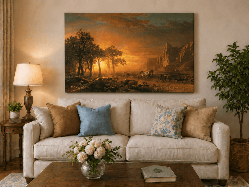 Peinture à l'huile de paysage - Voyage vers l'ouest au coucher du soleil