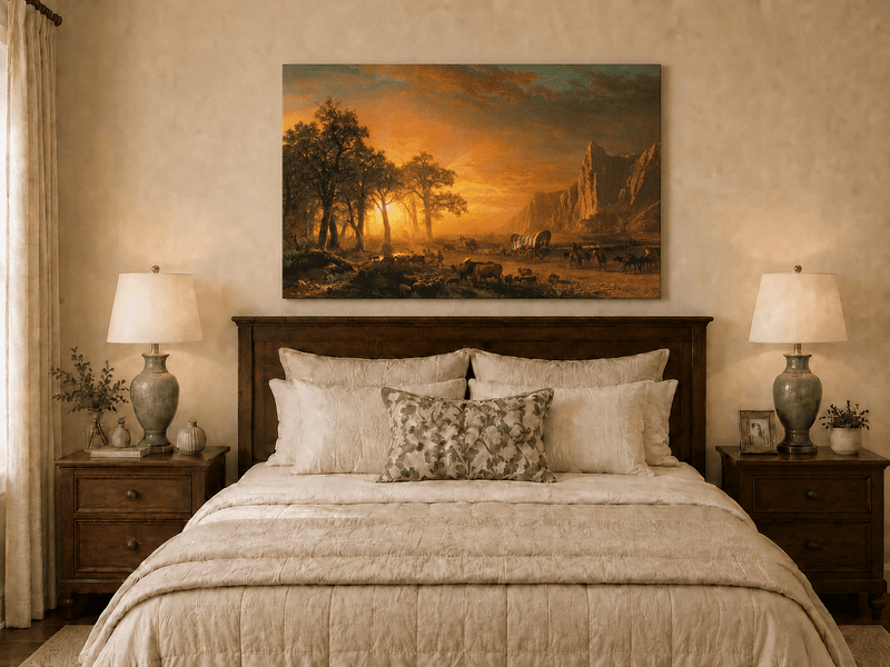 Peinture à l'huile de paysage - Voyage vers l'ouest au coucher du soleil