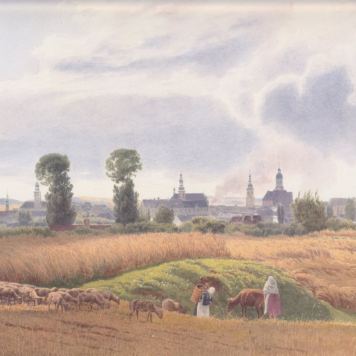 Hand-painted wheat field with sheep and town view landscape oil painting on canvas
